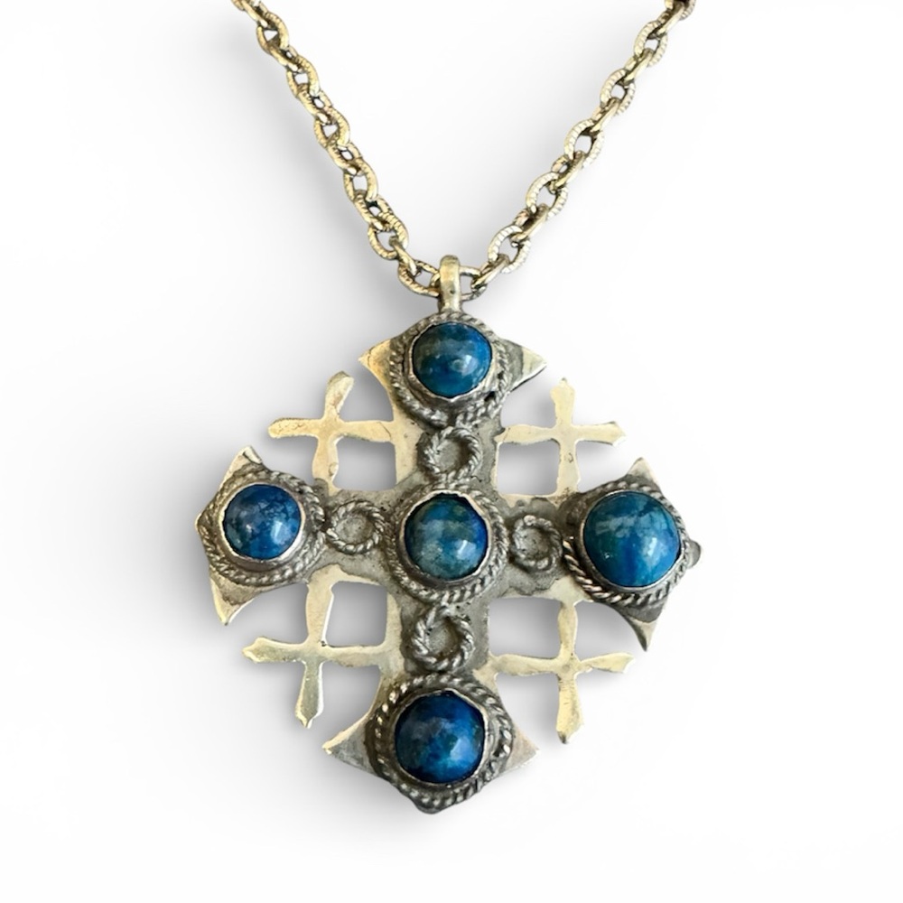 Vintage Jerusalem Cross Pendant Necklace‎ 800 Silver Blue Lapis Cabachon Stones